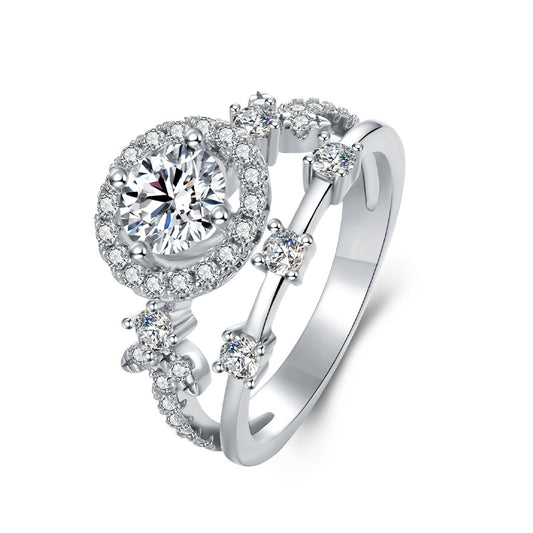 Planderful Sparkling Moissanite Ring For Women 1.0CT Round Main Stone S925 Silver Plated Double Layered