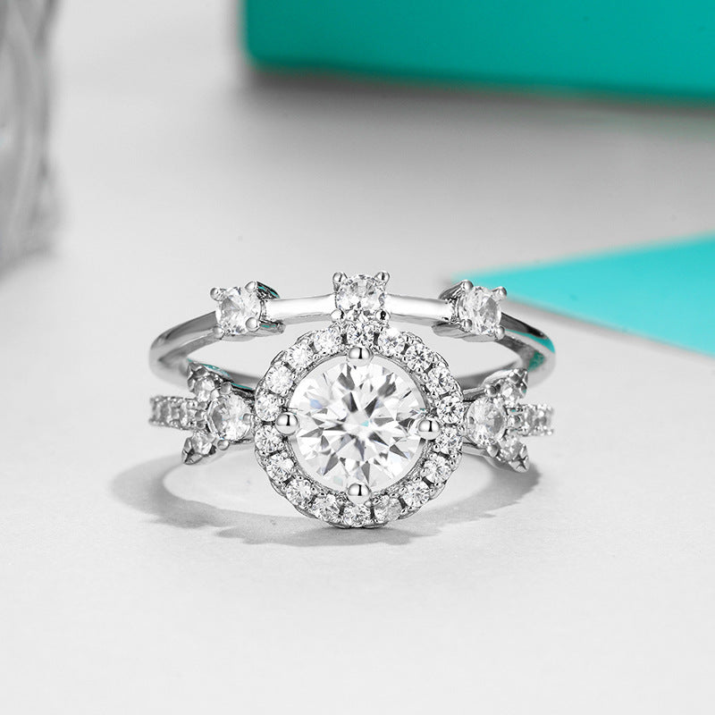 Planderful Sparkling Moissanite Ring For Women 1.0CT Round Main Stone S925 Silver Plated Double Layered