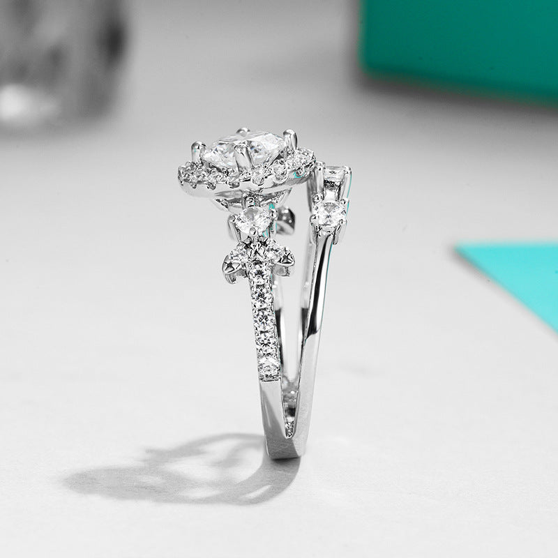 Planderful Sparkling Moissanite Ring For Women 1.0CT Round Main Stone S925 Silver Plated Double Layered