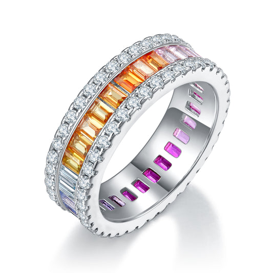 Planderful Lab Grown Gemstone Rainbow Ring Rectangular Colorful S925 Silver Plated For Women Gala Fireworks Collection