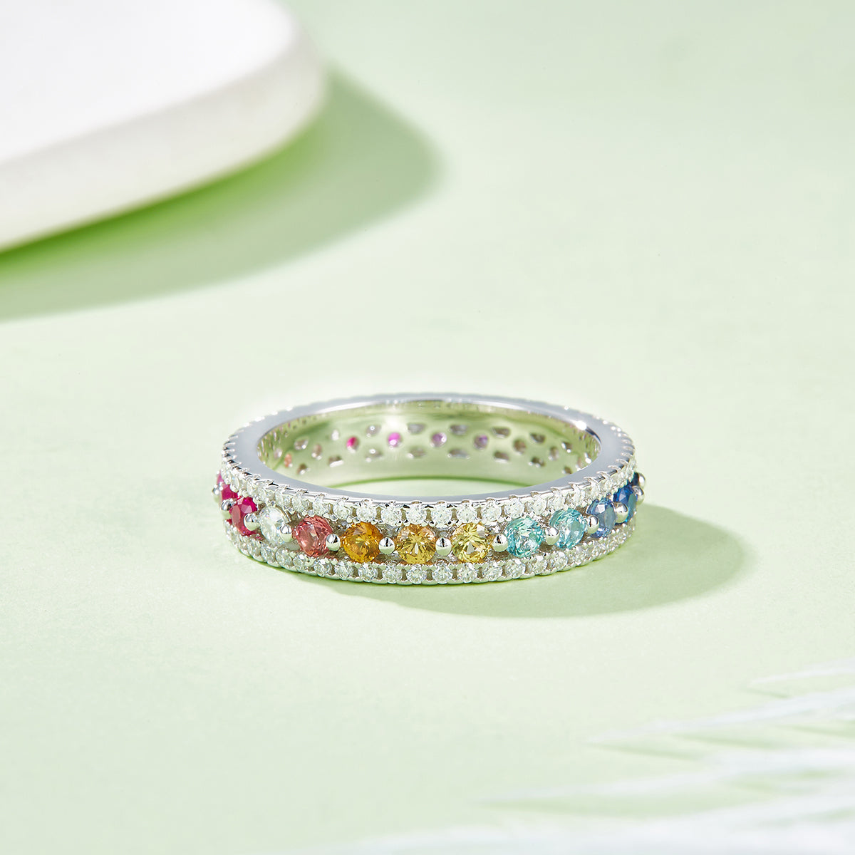 Planderful Lab Grown Gemstone Rainbow Ring S925 Silver Plated for Women Fashion Jewelry Gift