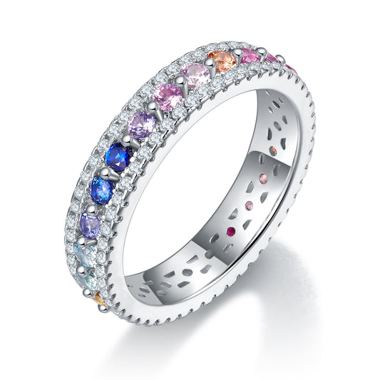 Planderful Lab Grown Gemstone Rainbow Ring S925 Silver Plated for Women Fashion Jewelry Gift