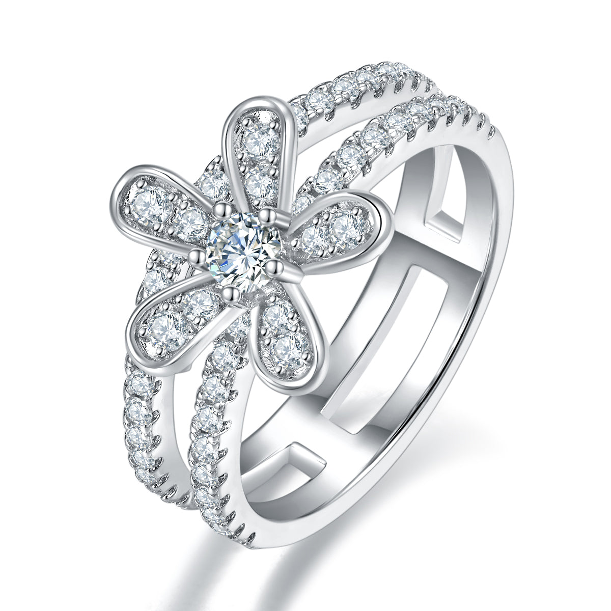 Planderful Moissanite Flower Ring S925 Silver Plated Double Layer For Women Elegant Sparkling Gift