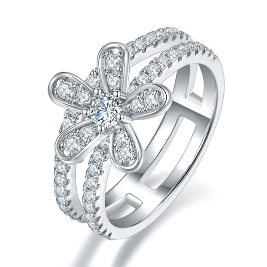Planderful Moissanite Flower Ring S925 Silver Plated Double Layer For Women Elegant Sparkling Gift