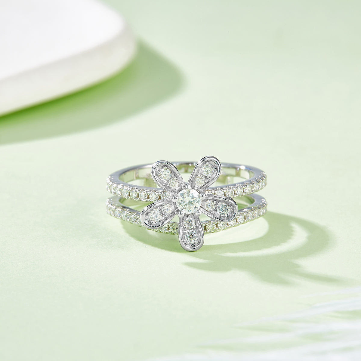 Planderful Moissanite Flower Ring S925 Silver Plated Double Layer For Women Elegant Sparkling Gift