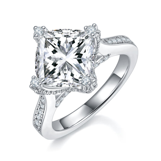 Planderful Moissanite Ring For Women Four Claw Square Four Ct Sparkling Silver Plated S925