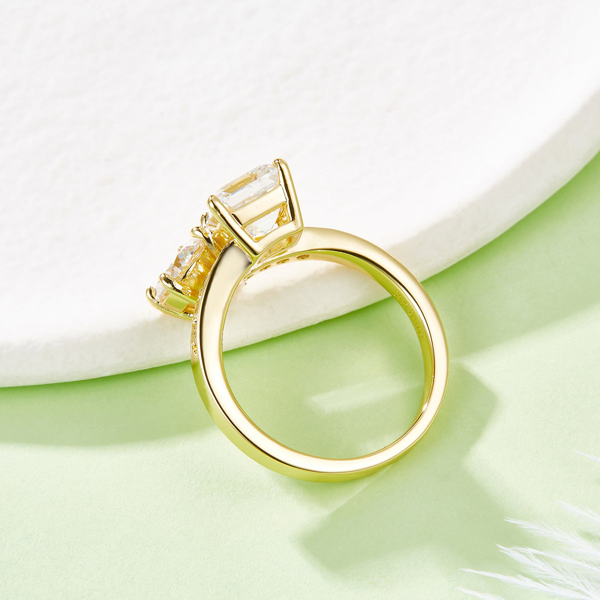 Moissanite Ring For Women By Planderful Sparkling 3CT Asscher And Round Double Cut Gold Plated Sterling Silver