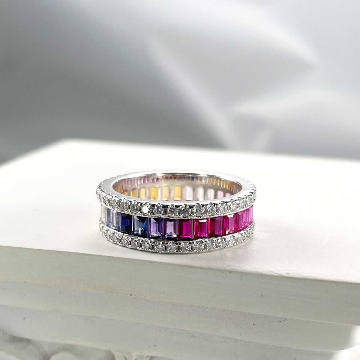 Planderful Lab Grown Gemstone Rainbow Ring Rectangular Colorful S925 Silver Plated For Women Gala Fireworks Collection