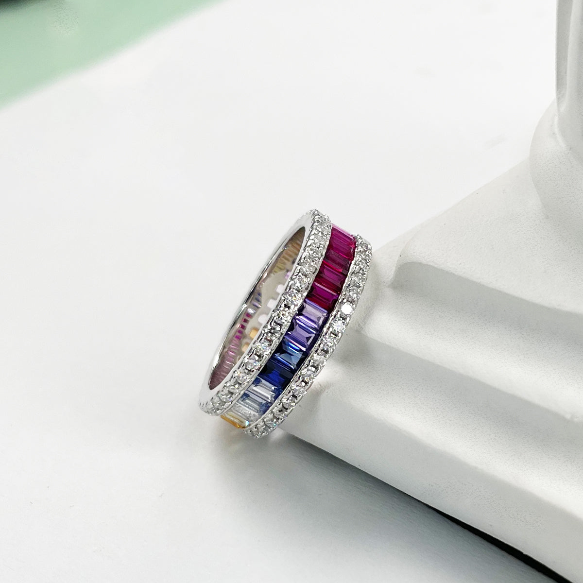 Planderful Lab Grown Gemstone Rainbow Ring Rectangular Colorful S925 Silver Plated For Women Gala Fireworks Collection