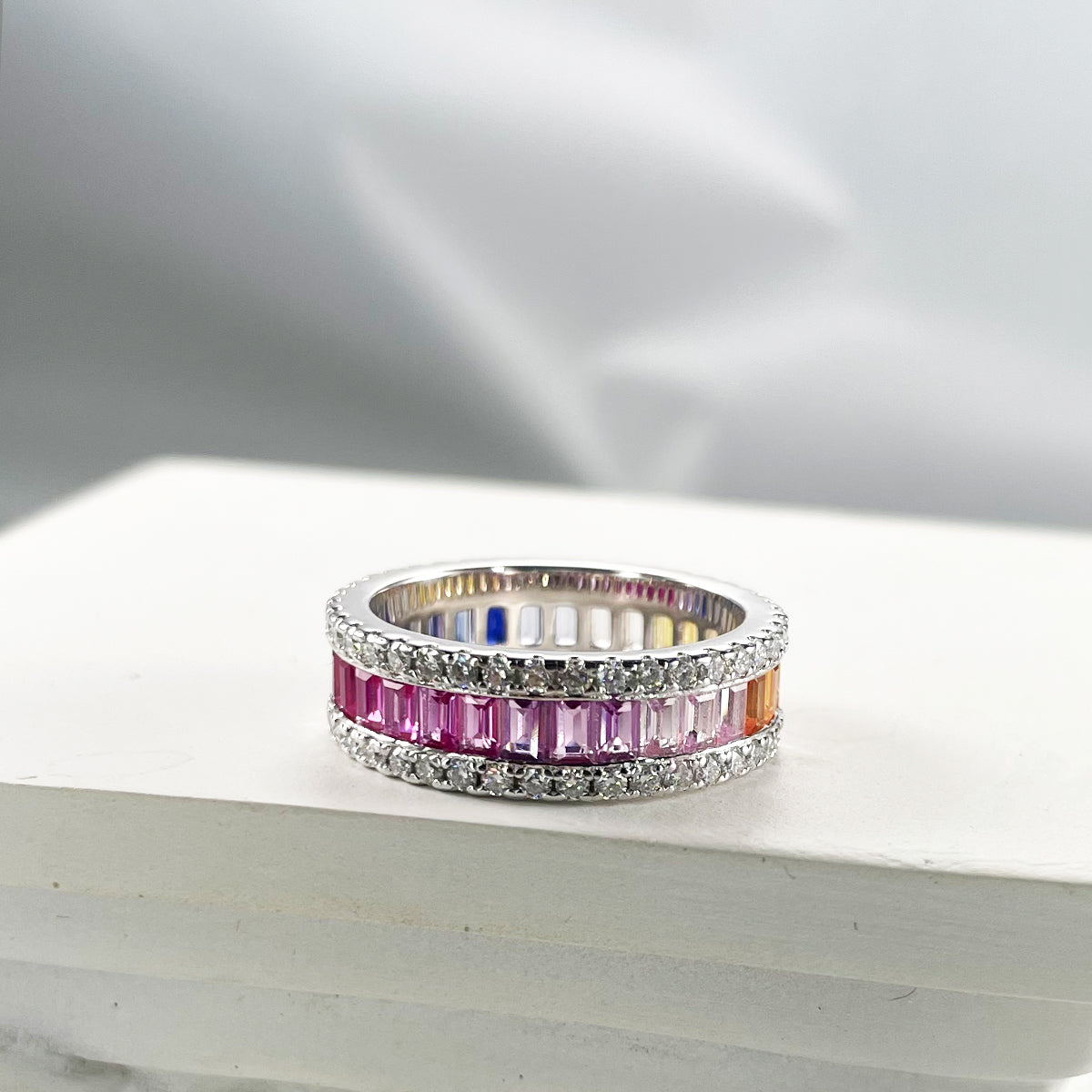 Planderful Lab Grown Gemstone Rainbow Ring Rectangular Colorful S925 Silver Plated For Women Gala Fireworks Collection