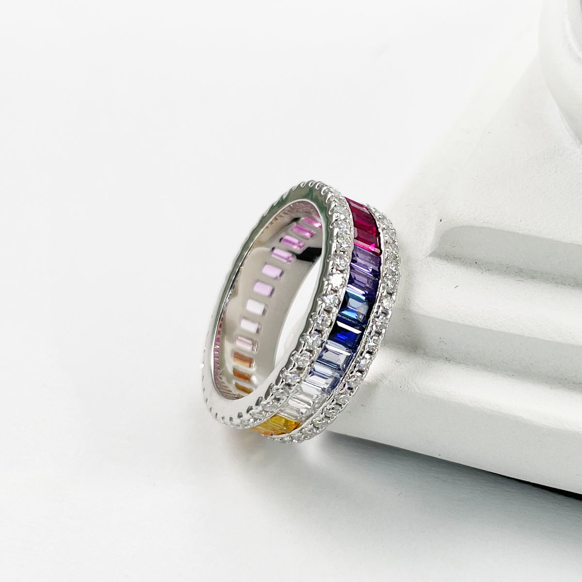 Planderful Lab Grown Gemstone Rainbow Ring Rectangular Colorful S925 Silver Plated For Women Gala Fireworks Collection