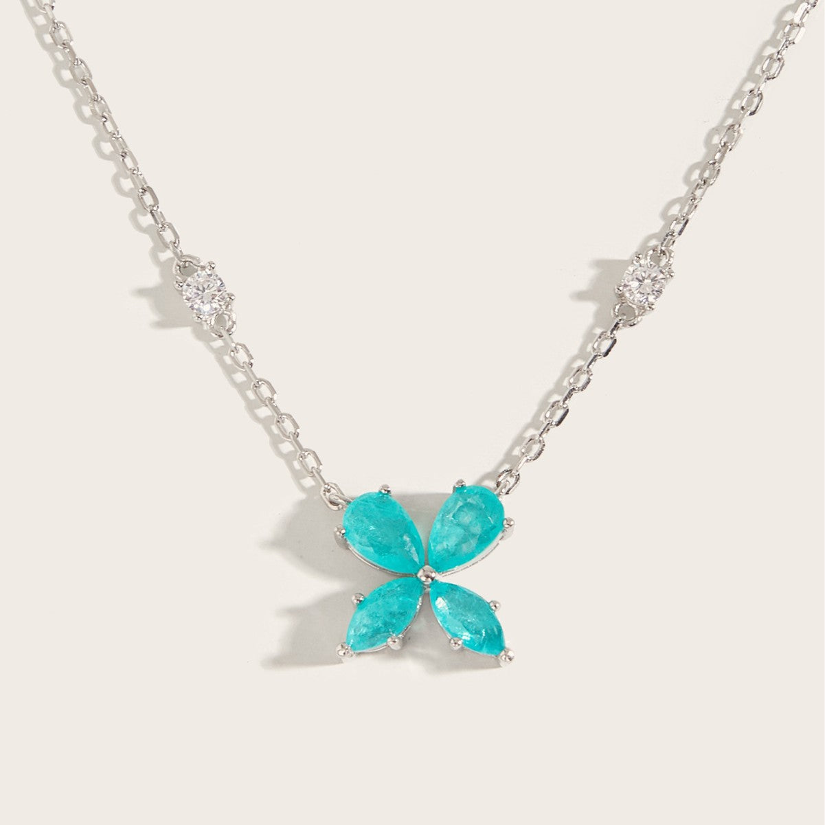 Planderful S925 Silver Plated Aquamarine Four Leaf Clover Pendant Necklace For Women Elegant Gift