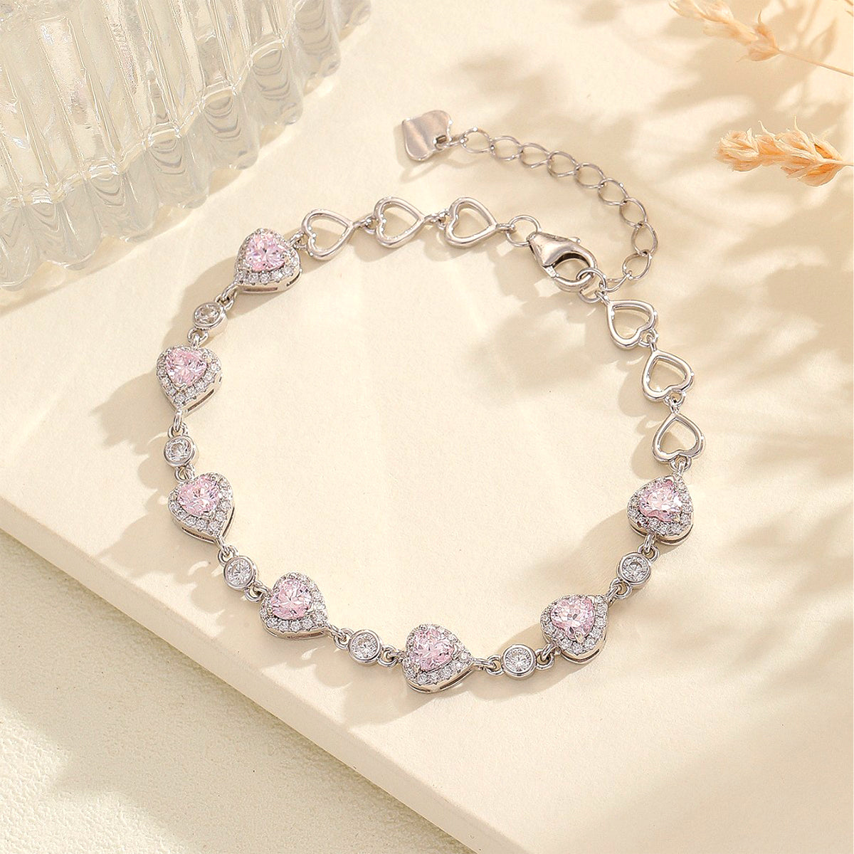 Planderful S925 Silver Plated Heart Bracelet Pink Zircon And Blue Spinel For Women Gala Fireworks Collection