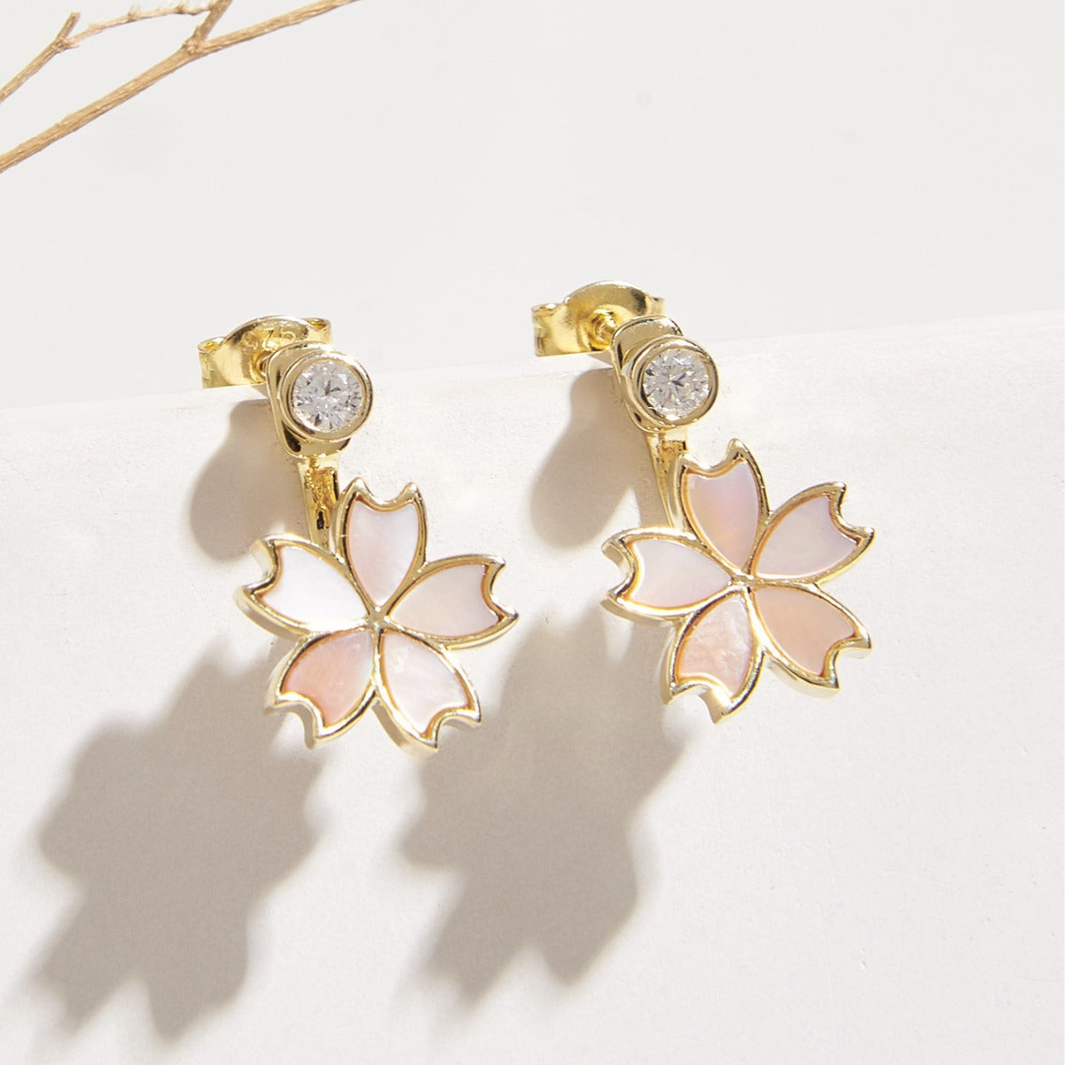 Planderful Everyday Genie S925 Silver Plated Gold Mother Of Pearl Cherry Blossom Pendant Earrings For Women