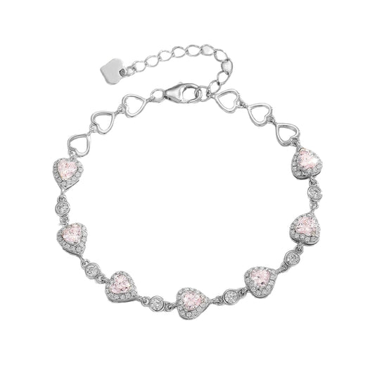Planderful S925 Silver Plated Heart Bracelet Pink Zircon And Blue Spinel For Women Gala Fireworks Collection