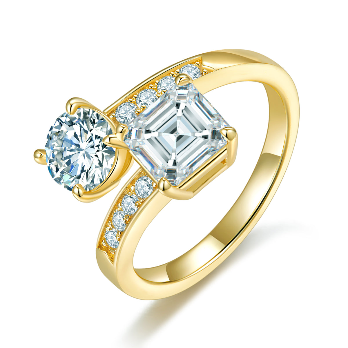 Moissanite Ring For Women By Planderful Sparkling 3CT Asscher And Round Double Cut Gold Plated Sterling Silver