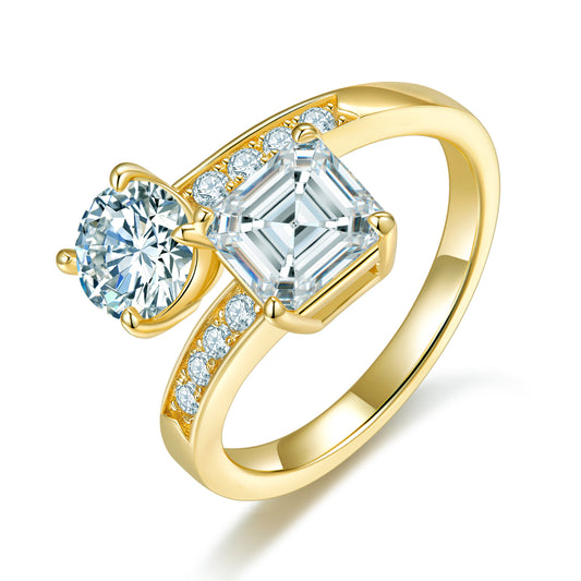 Moissanite Ring For Women By Planderful Sparkling 3CT Asscher And Round Double Cut Gold Plated Sterling Silver