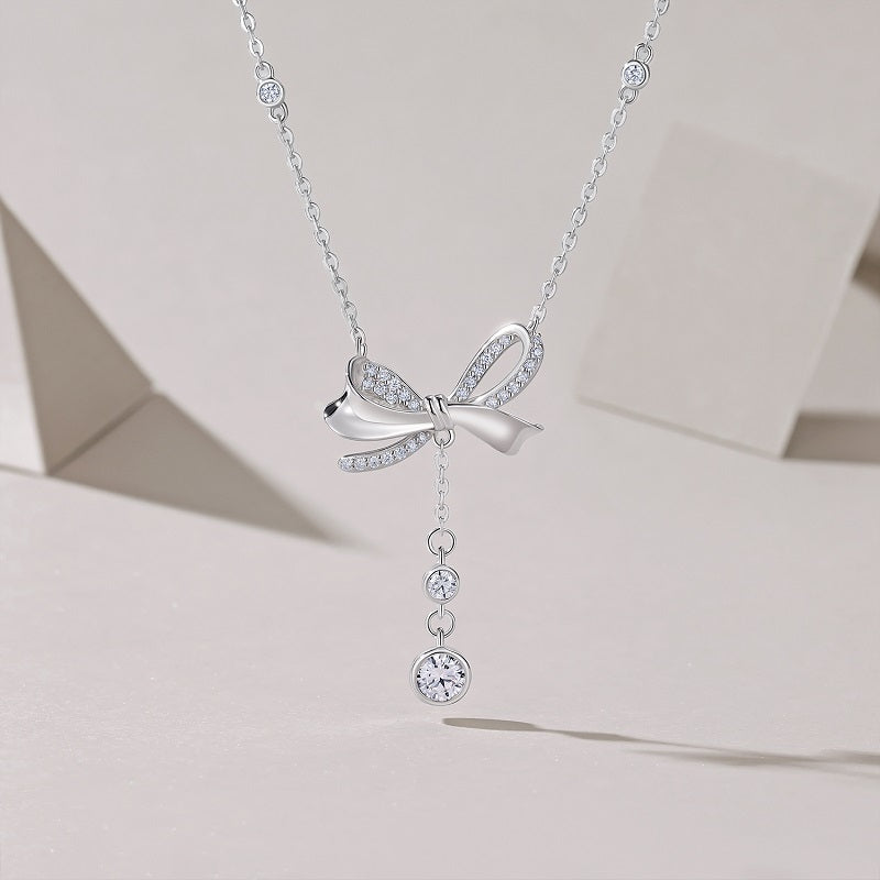 Planderful Moissanite Necklace 0.96Ct Bow Pendant Tassel Dazzling S925 Silver Plated Gift For Her