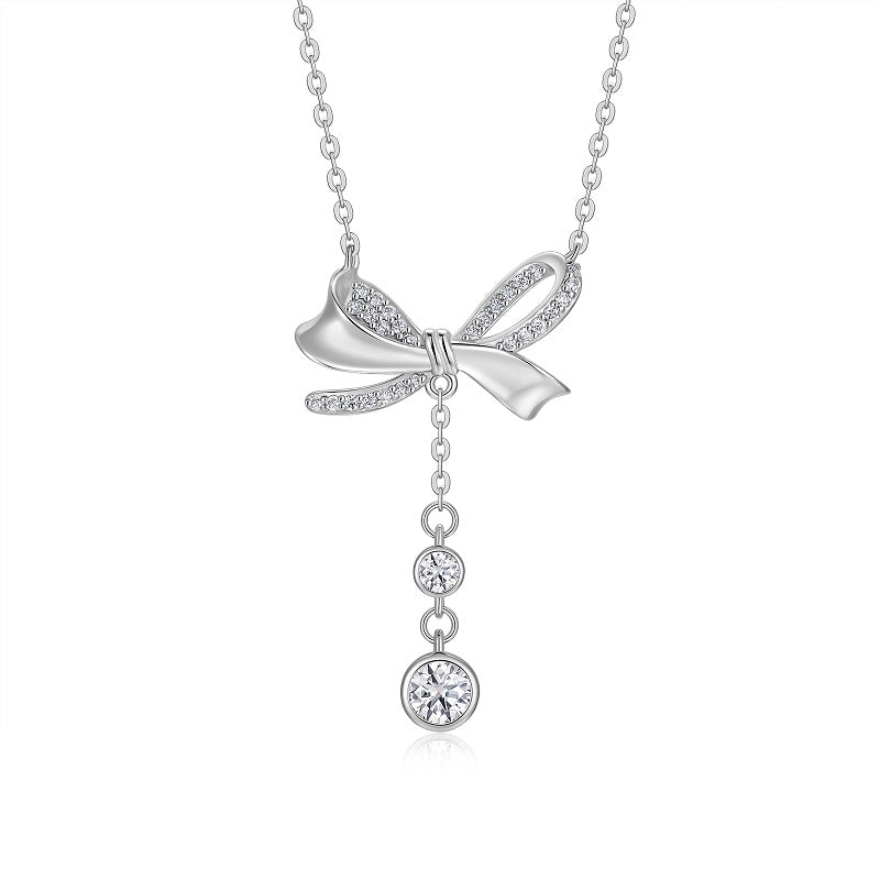 Planderful Moissanite Necklace 0.96Ct Bow Pendant Tassel Dazzling S925 Silver Plated Gift For Her