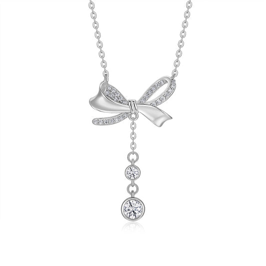 Planderful Moissanite Necklace 0.96Ct Bow Pendant Tassel Dazzling S925 Silver Plated Gift For Her