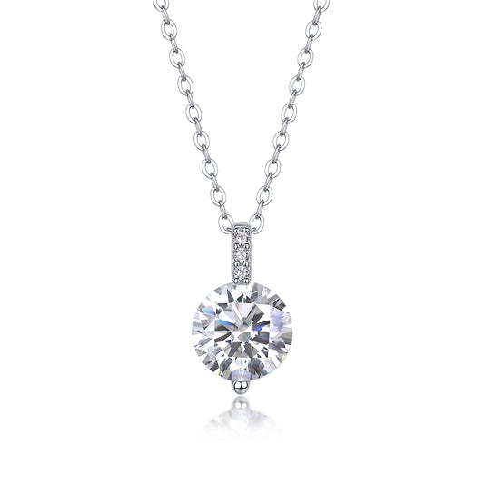 Planderful 2.0CT Round Moissanite Pendant Necklace in S925 Sterling Silver, Platinum Plated, Minimalist Design for Elegant Women