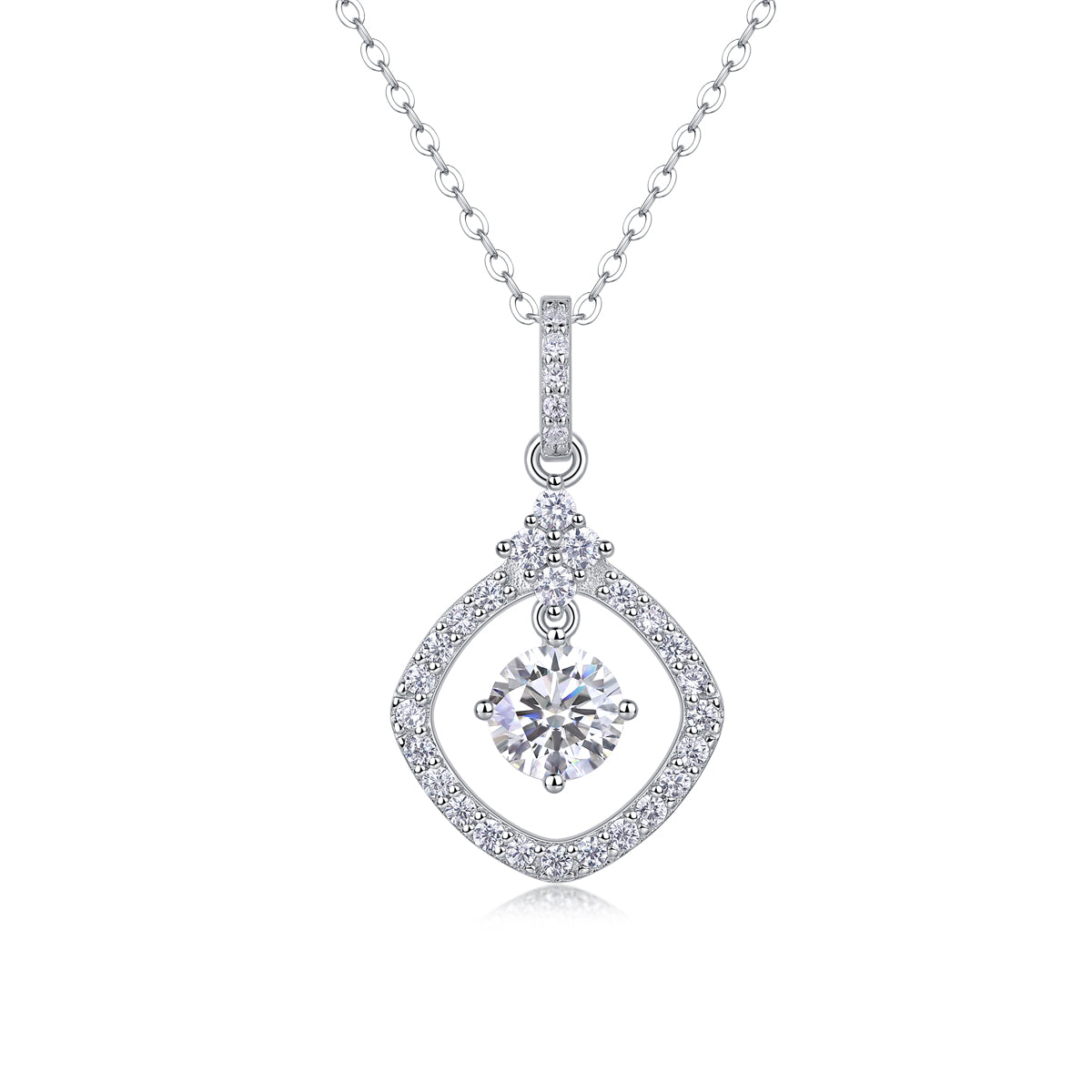 Planderful Moissanite Necklace 1.0Ct Round Sparkling Pendant S925 Silver Plated Platinum Square Adjustable 40cm For Her