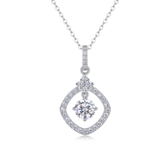 Planderful Moissanite Necklace 1.0Ct Round Sparkling Pendant S925 Silver Plated Platinum Square Adjustable 40cm For Her