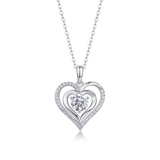 Planderful Moissanite Necklace 1.0ct Double Heart Pendant 40cm Adjustable S925 Silver Plated Sparkling Gift for Her
