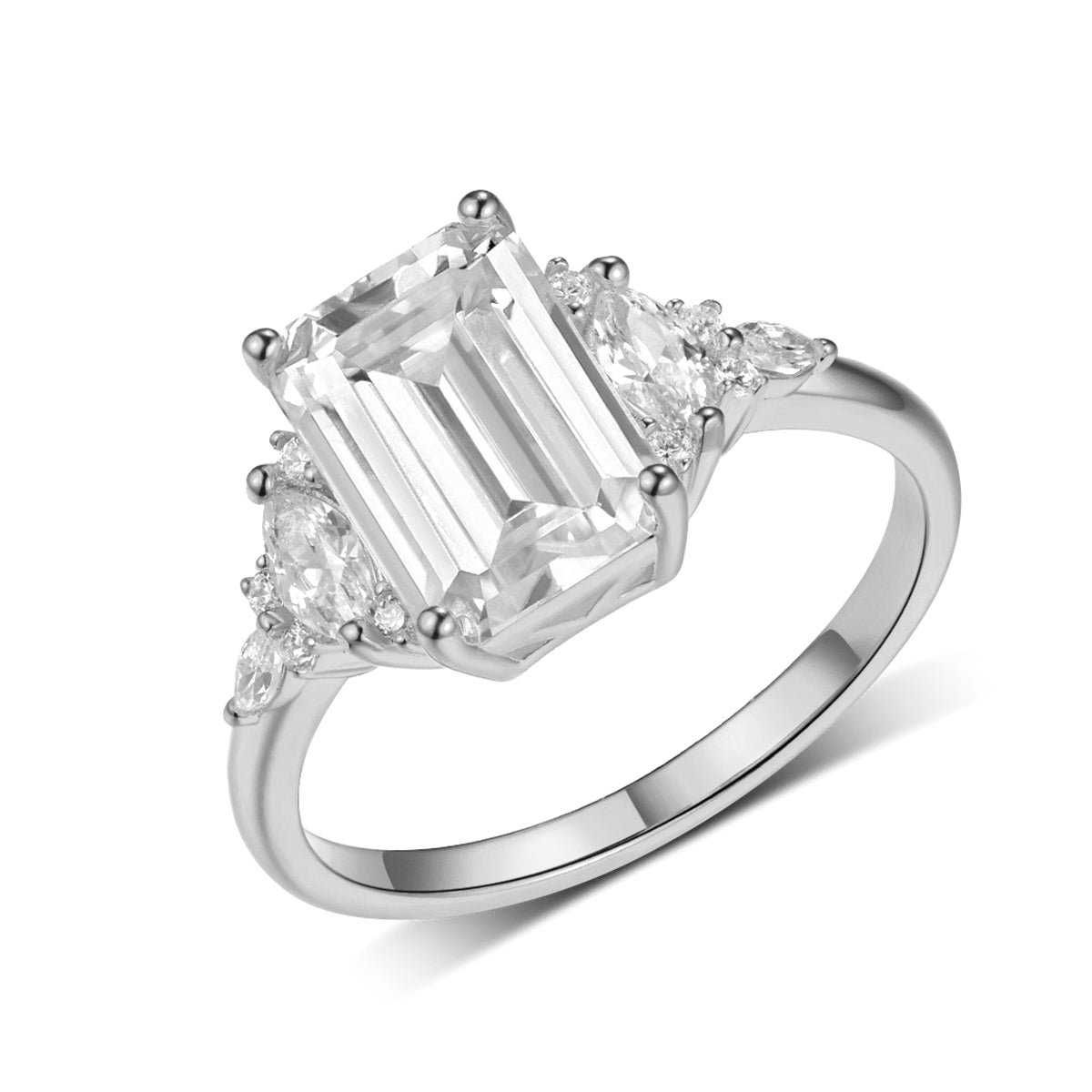Planderful Moissanite Sparkling Cathedral Ring 3.0CT Emerald Cut Main Stone S925 Silver For Brides