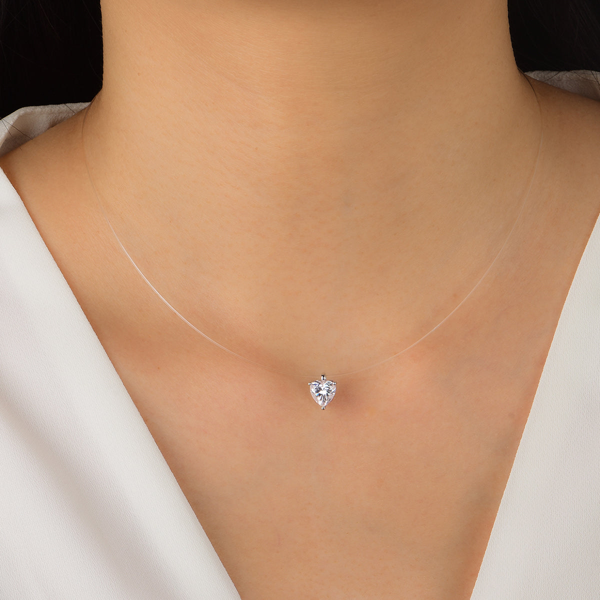 Planderful Shop Heart Shaped Sparkling Moissanite Pendant Necklace For Her Minimalist Invisible Thread Jewelry