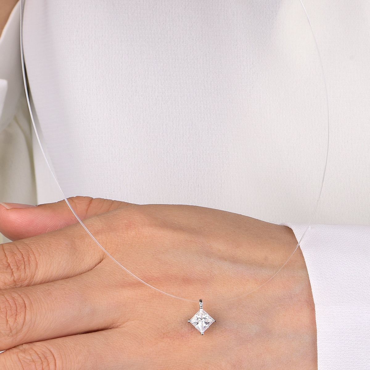 Planderful Moissanite Pendant Necklace Collarbone Princess Cut Square Minimalist Invisible Thread Sparkling For Her