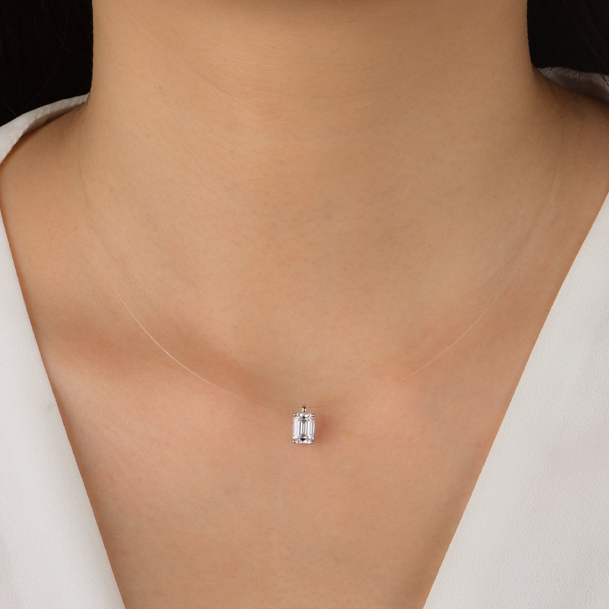 Planderful Moissanite Emerald Cut Pendant Necklace Floating Invisible Wire Minimalist Sterling Silver For Her