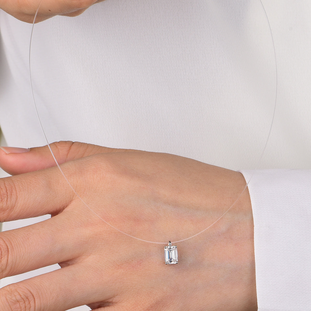 Planderful Moissanite Emerald Cut Pendant Necklace Floating Invisible Wire Minimalist Sterling Silver For Her