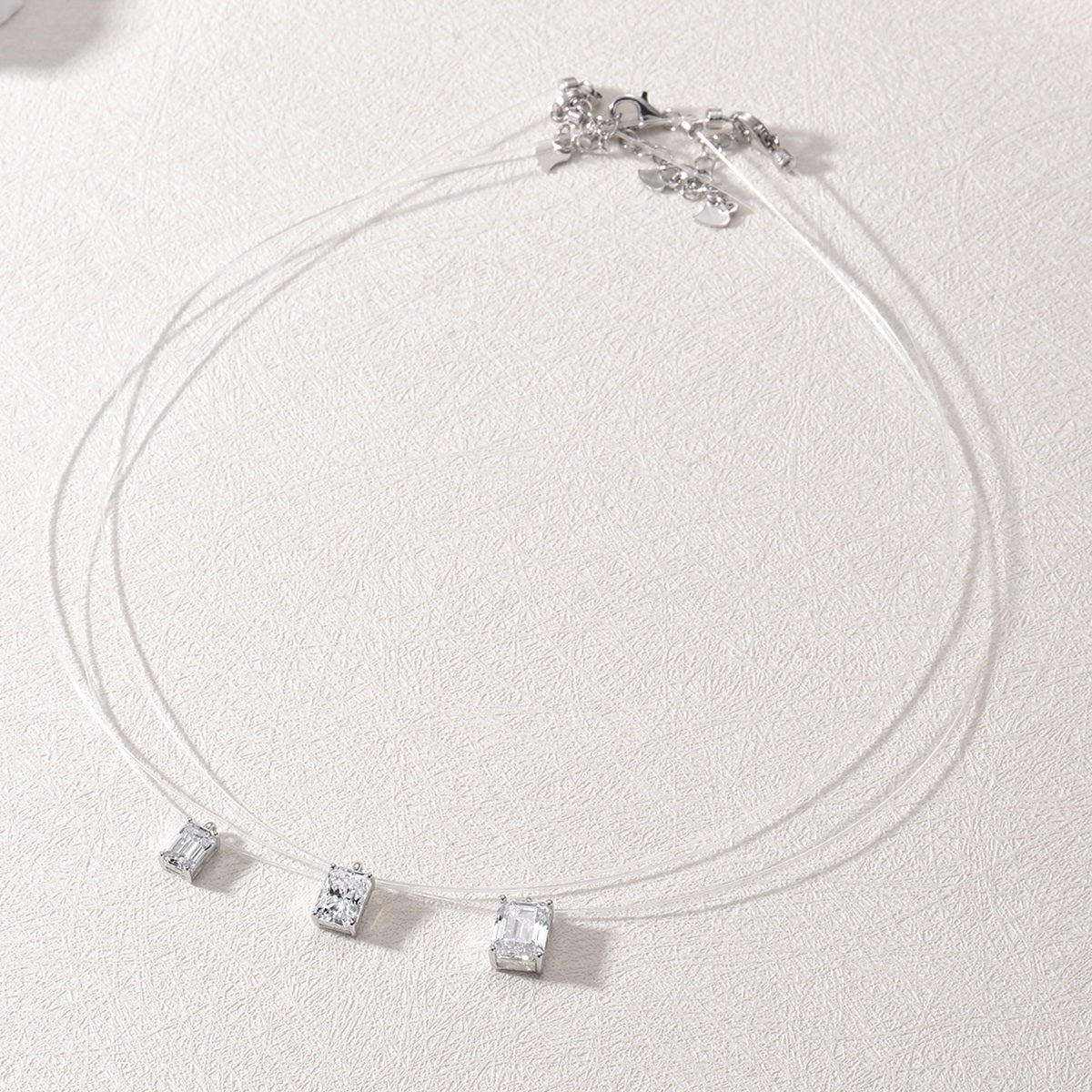 Planderful Moissanite Emerald Cut Pendant Necklace Floating Invisible Wire Minimalist Sterling Silver For Her