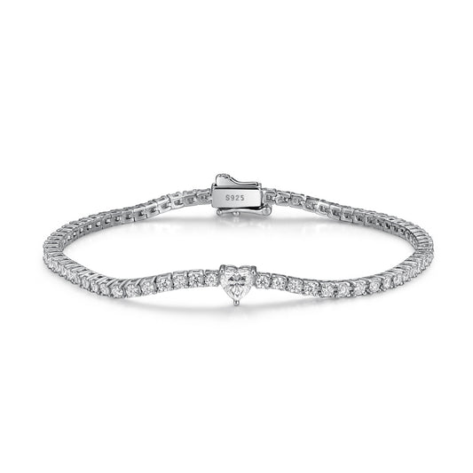 Planderful Moissanite Tennis Bracelet 2.42Ct Heart Shaped Main Stone For Her Sparkling Gift Silver Plated