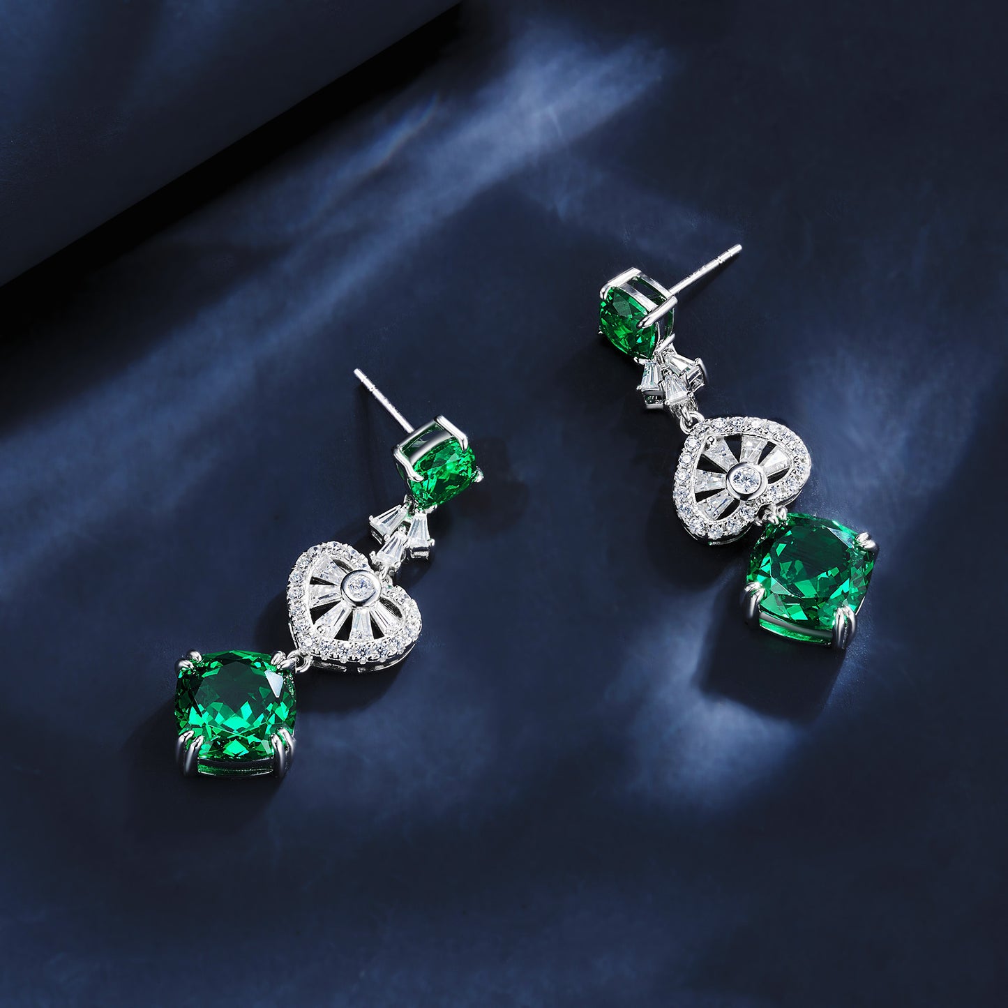 Planderful Lab Grown Emerald Earrings Double Cushion Cut Long Drop S925 Silver Plated Gala Fireworks For Glam Brides