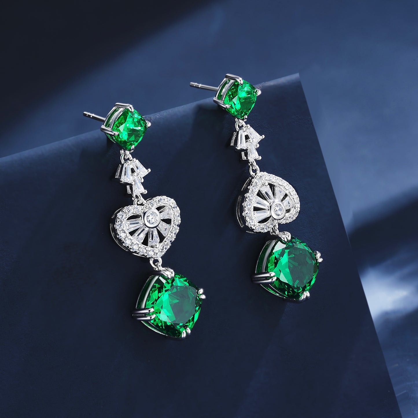 Planderful Lab Grown Emerald Earrings Double Cushion Cut Long Drop S925 Silver Plated Gala Fireworks For Glam Brides