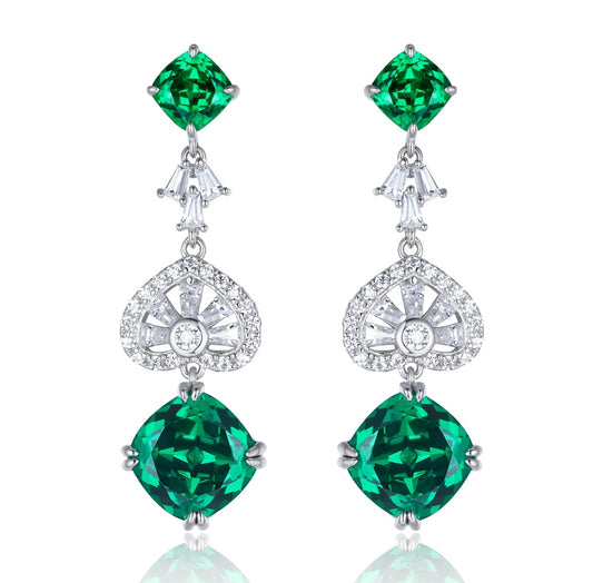 Planderful Lab Grown Emerald Earrings Double Cushion Cut Long Drop S925 Silver Plated Gala Fireworks For Glam Brides