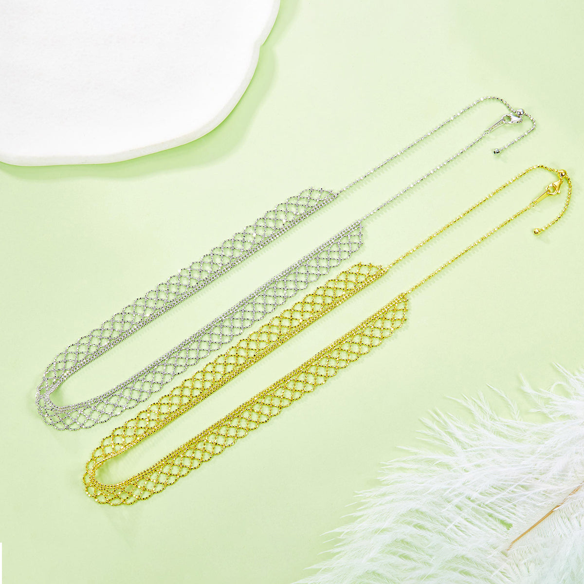 Planderful S925 Silver Gold Plated Italian Lace Mesh Necklace for Women Timeless Design Everyday Genie Collection 45cm