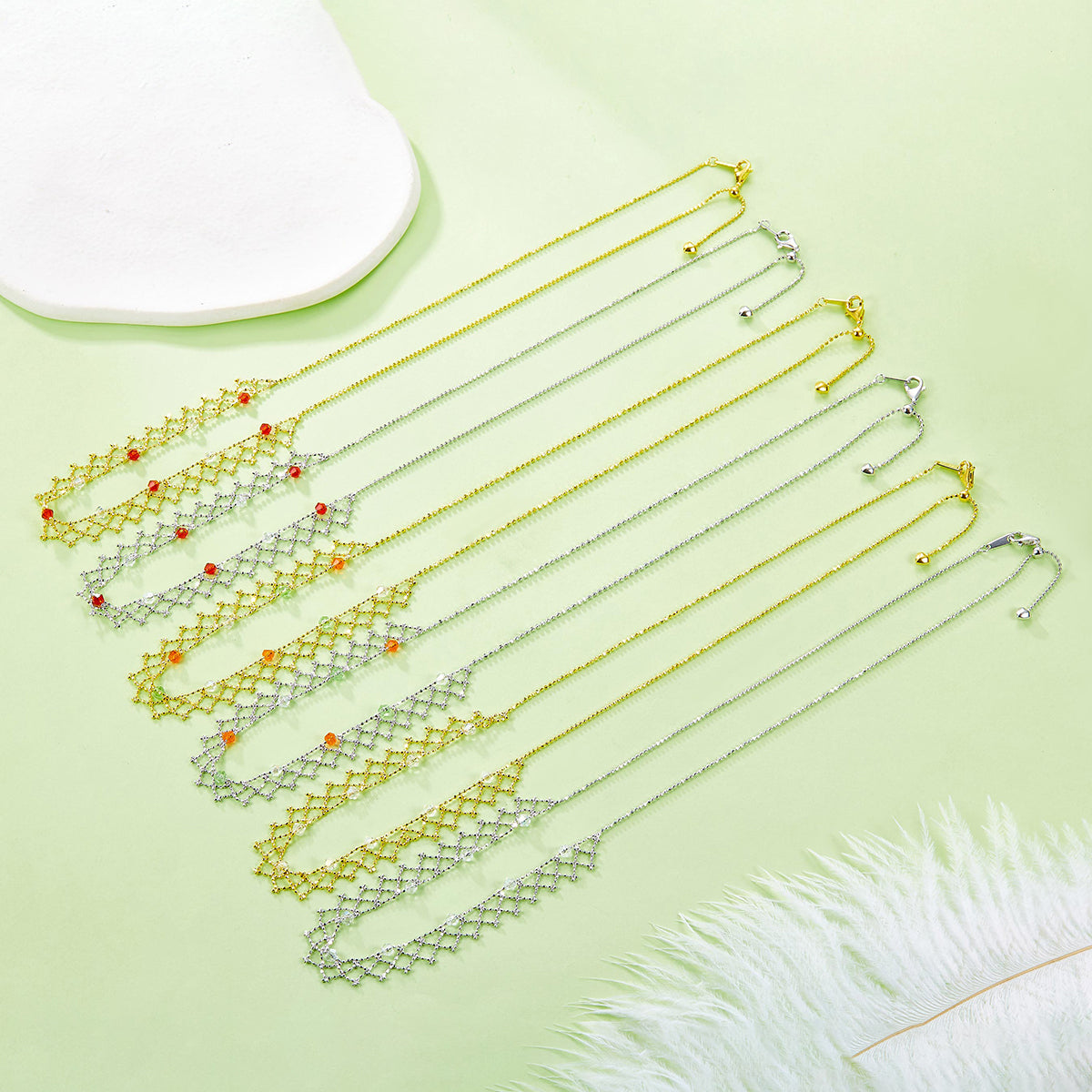 Planderful S925 Silver Necklace Platinum Plated Italian Lace Mesh for Women With Crystal Sparkle