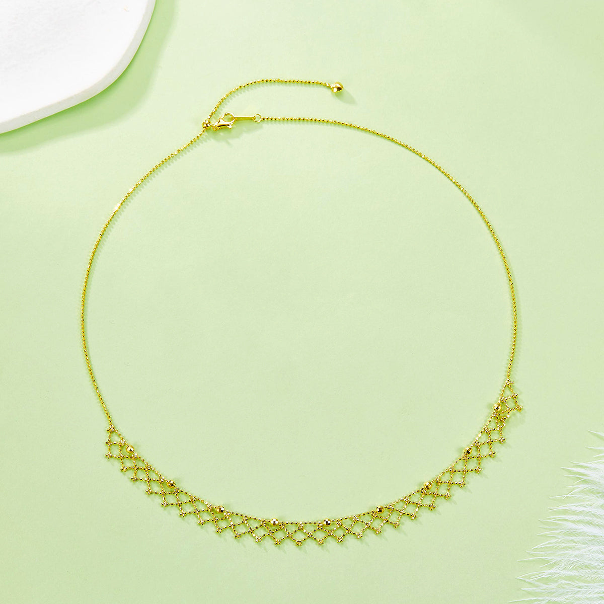 Planderful Sterling Silver Necklace Gold Plated Italian Lace Weaving With Sparkling Bead Mesh For Women