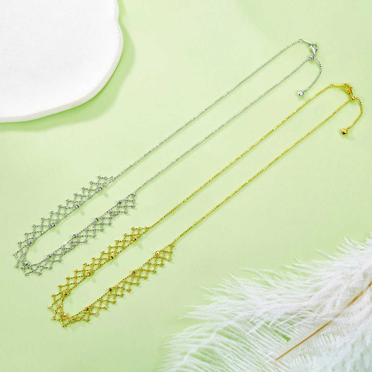 Planderful Sterling Silver Necklace Gold Plated Italian Lace Weaving With Sparkling Bead Mesh For Women