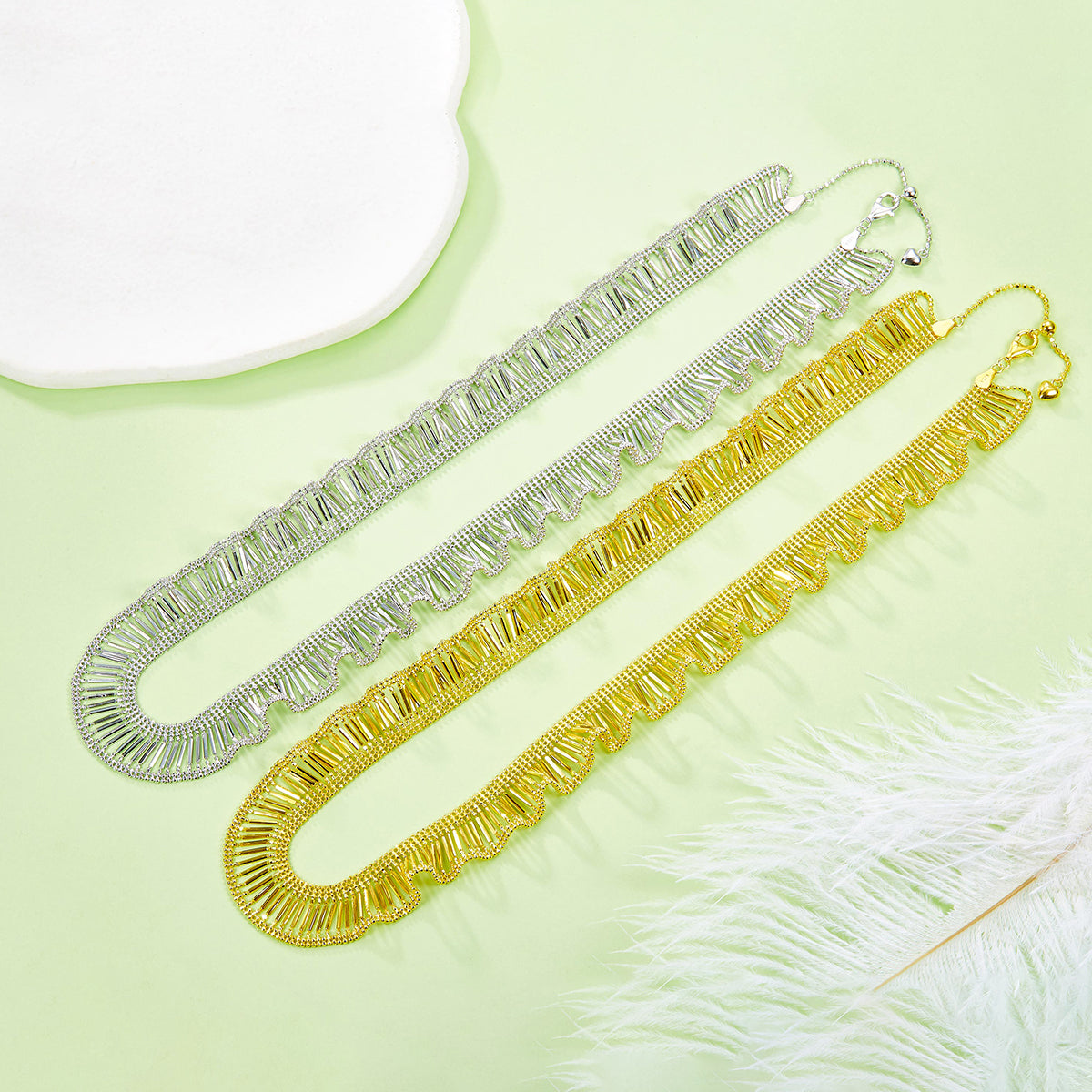 Planderful S925 Silver Gold Plated Necklace With Luxurious Ruffle Edge Italian Lace Design For Elegant Women