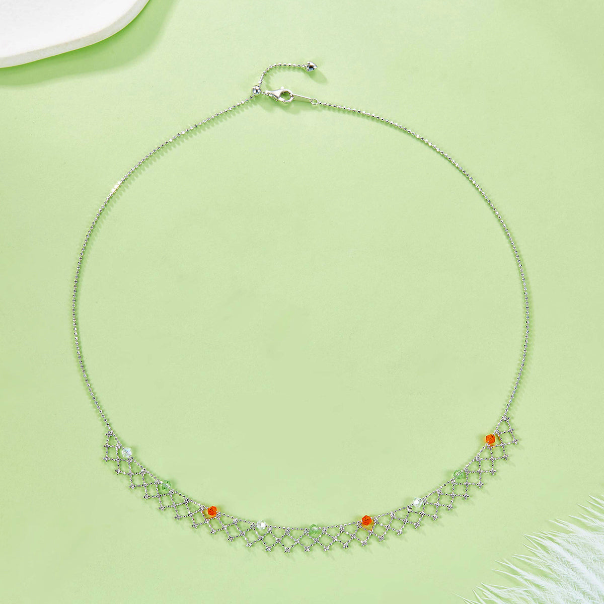 Planderful S925 Silver Necklace Platinum Plated Italian Lace Mesh for Women With Crystal Sparkle