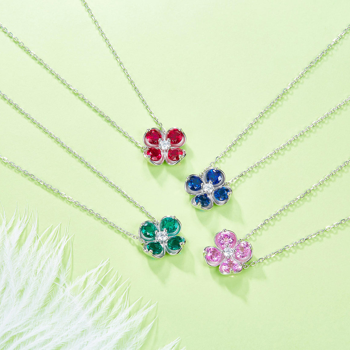 Planderful Colorful Lab Grown Gemstone Clover Pendant Necklace 40cm S925 Silver Plated Elegant For Her