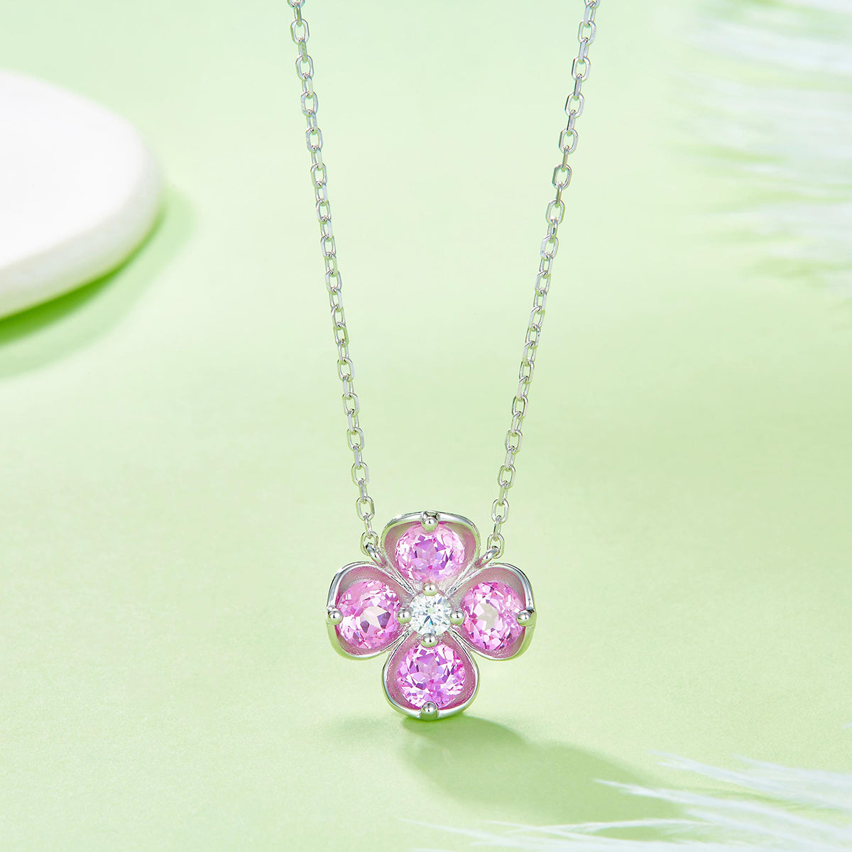Planderful Colorful Lab Grown Gemstone Clover Pendant Necklace 40cm S925 Silver Plated Elegant For Her