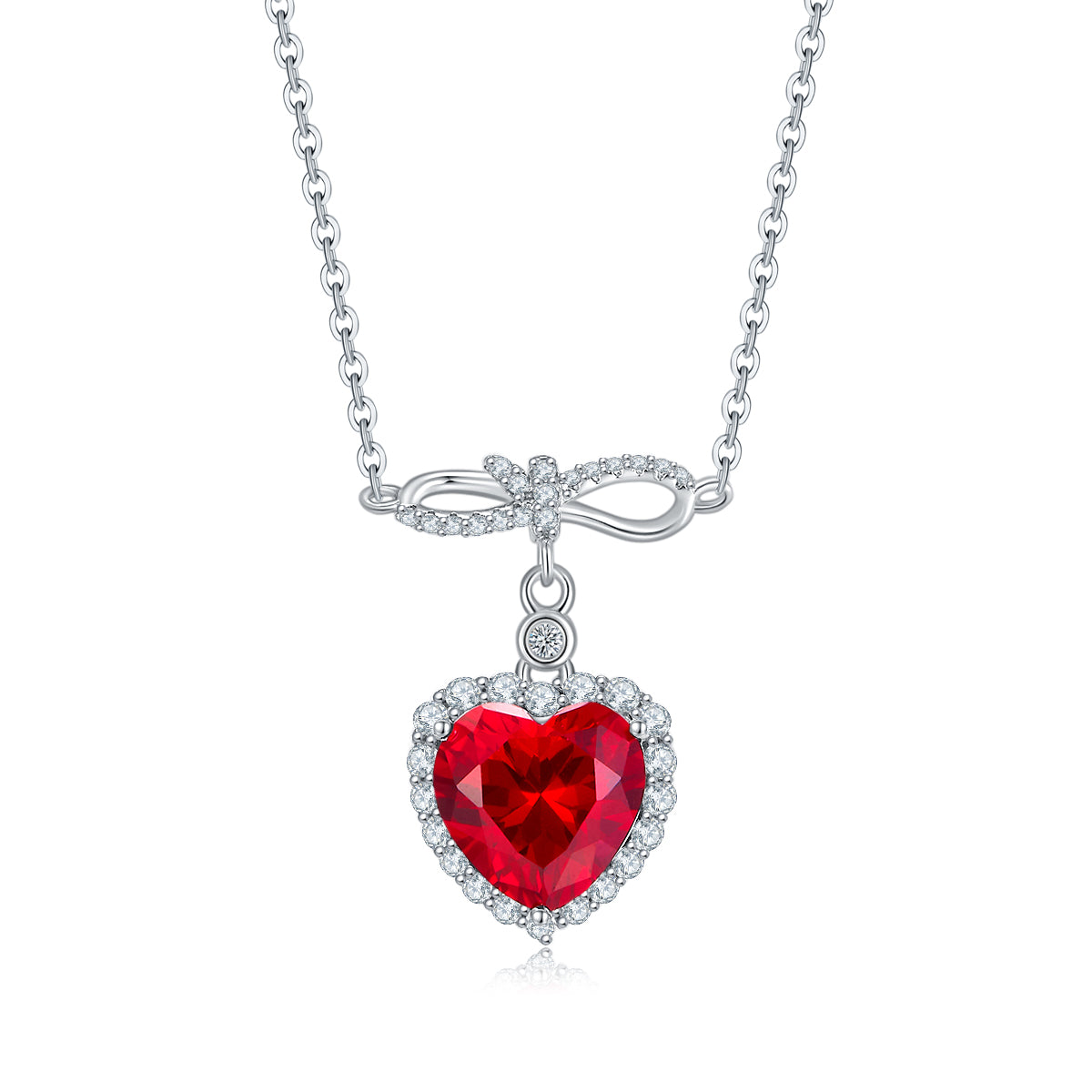 Planderful Lab Grown Ruby Heart Pendant Necklace 11mm Bow Heart Shape S925 Silver Plated Gift For Her