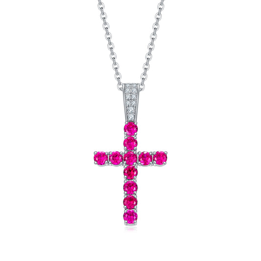 Planderful Gala Fireworks Lab Grown Gemstone Cross Pendant Necklace S925 Silver Plated 45cm For Women
