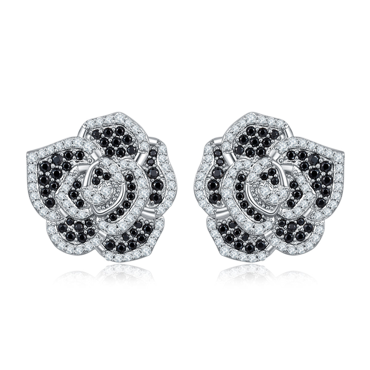 Planderful Moissanite Camellia Stud Earrings 0.84ct Black And White Sparkling Sterling Silver For Her