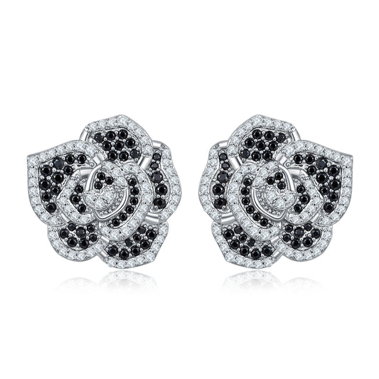 Planderful Moissanite Camellia Stud Earrings 0.84ct Black And White Sparkling Sterling Silver For Her